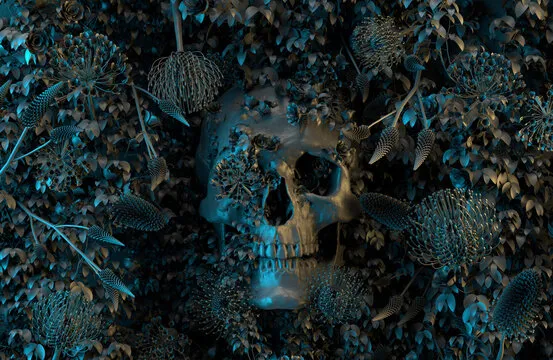 A skull surrounded by plants Description automatically generated